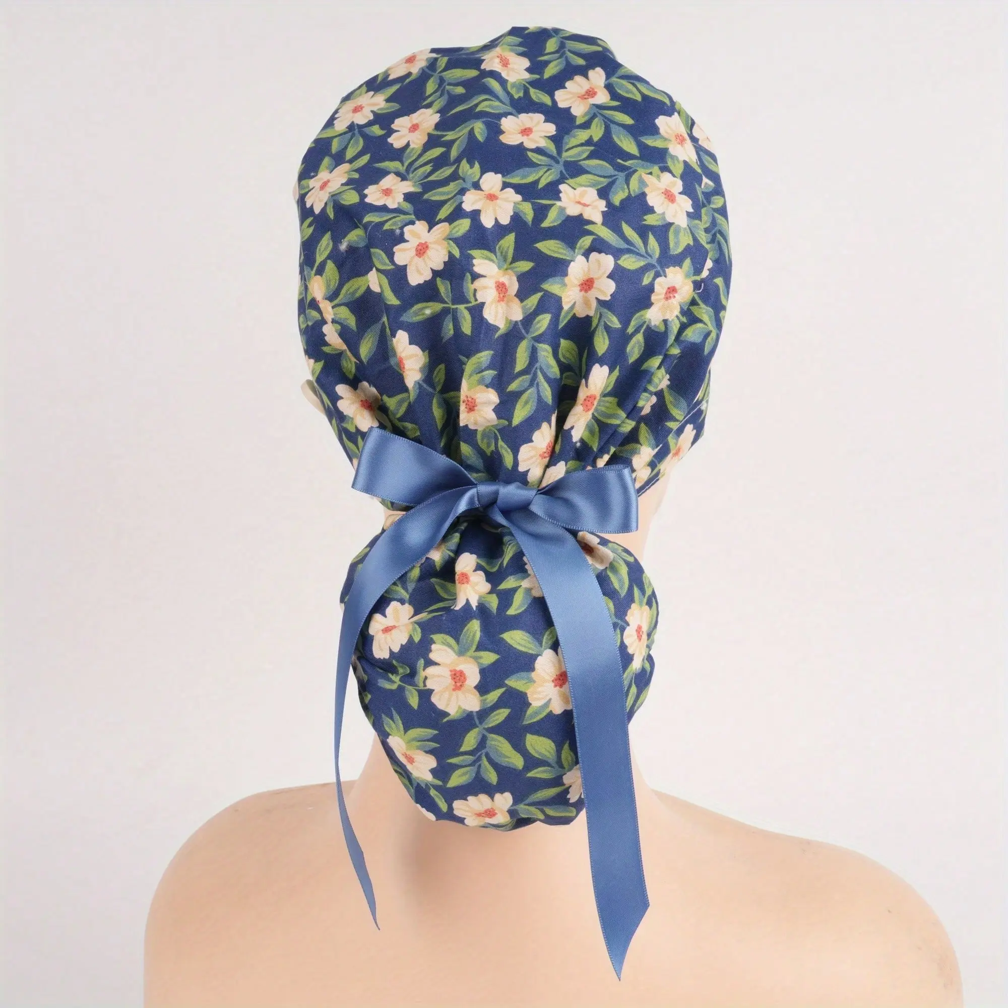 Dark Blue Yellow Flower Floral Cotton Ponytail Cap with Ribbon,  Premium Soft Cotton Fabric, Birthday Gifts