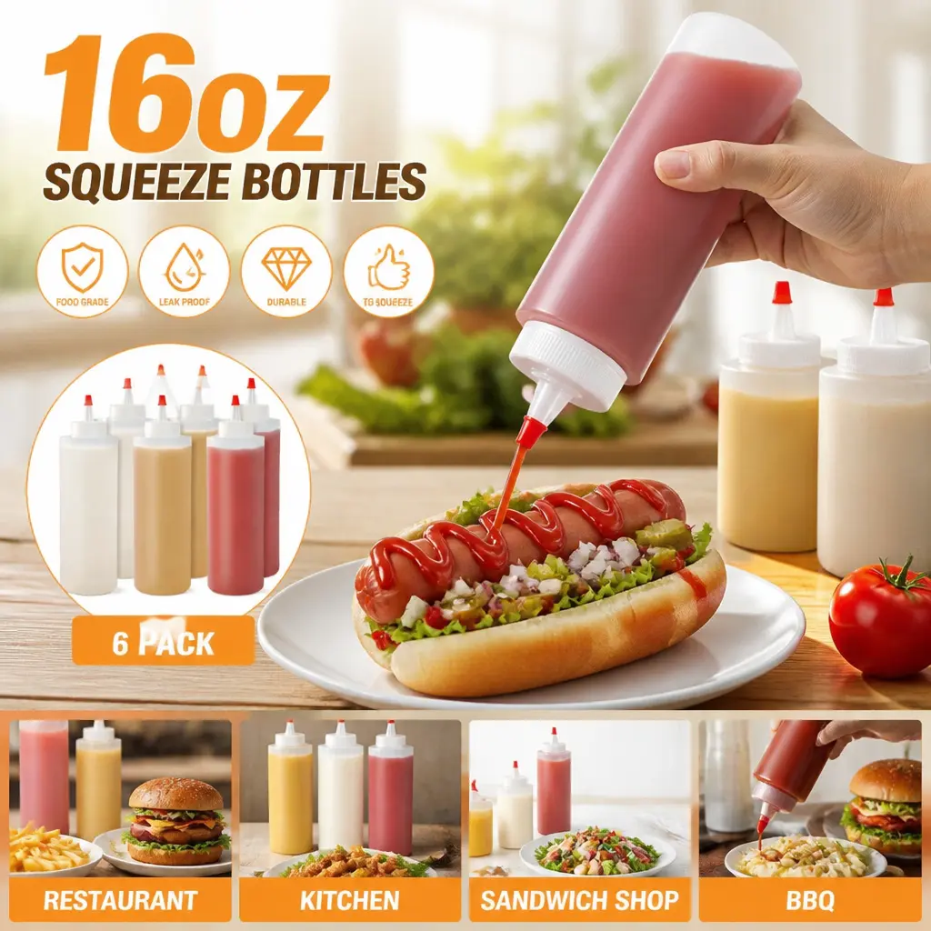 6 Pack 16 oz Condiment Squeeze Bottles - Sealable Drizzlers & Dressing Shakers with Funnel, Erasable Marker, Reusable Labels - Ideal for Meal Prep, Grilling, Art Projects - Kitchen Utensil Deals