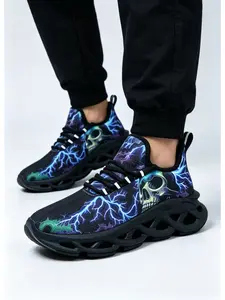 Fashion Large Size Skull Print Couple Running Shoes, Outdoor Comfortable Breathable Training Shoes, Stylish Sports Footwear
