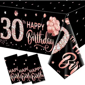 3 Pack Rose Gold Happy Thirty Table Cover 30th Birthday Party Supplies Plastic Disposable Rectangular Table Cloth Decor