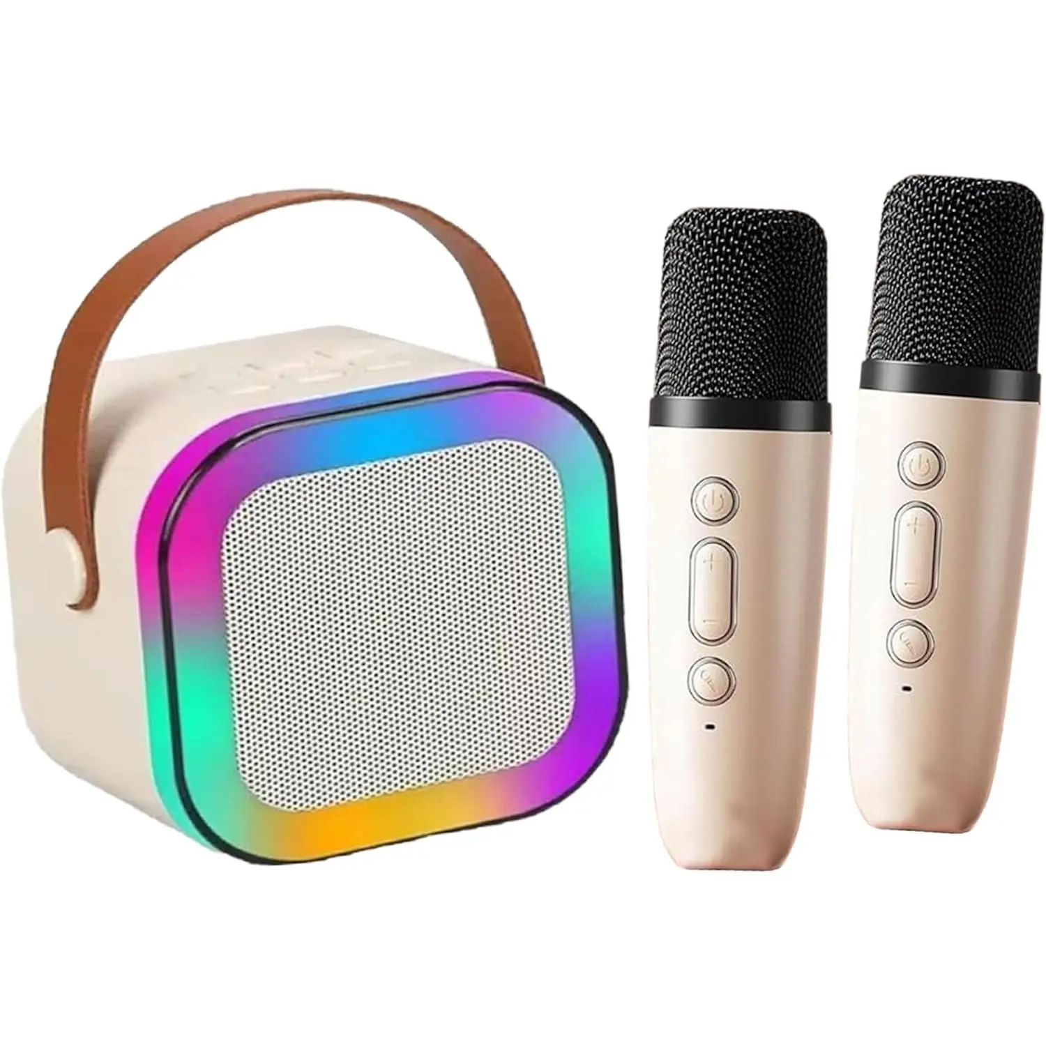 TWS Bluetooth Desktop Speaker with Wireless Mics, LED Lights, Rechargeable Battery, Durable High-Fidelity Audio, Portable Sound Unit for Karaoke, Music, PC & Laptop Office Presentation Use