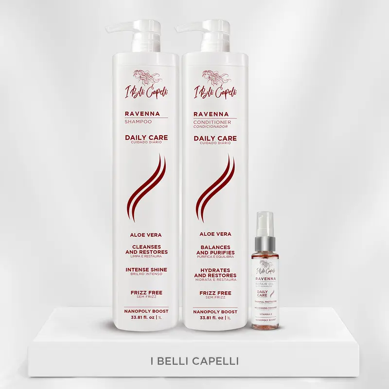 I Belli Capelli Ravenna Daily Care Hair Kit - Aloe Vera Shampoo and Conditioner (2x1L/2x33.8 fl.oz, Cleanser, Moisturizer, Hydrate) + Gentle Repair Hair Oil (1x60ml/1x2.0 fl.oz, Radiant Results)