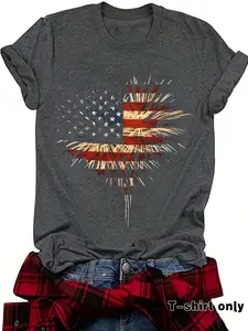 Women's American Flag & Fireworks Print Round Neck Tee, Casual Short Sleeve Crew Neck T-Shirt for Spring, Fashion Women's Top for Daily Wear, Casual Comfy Tee