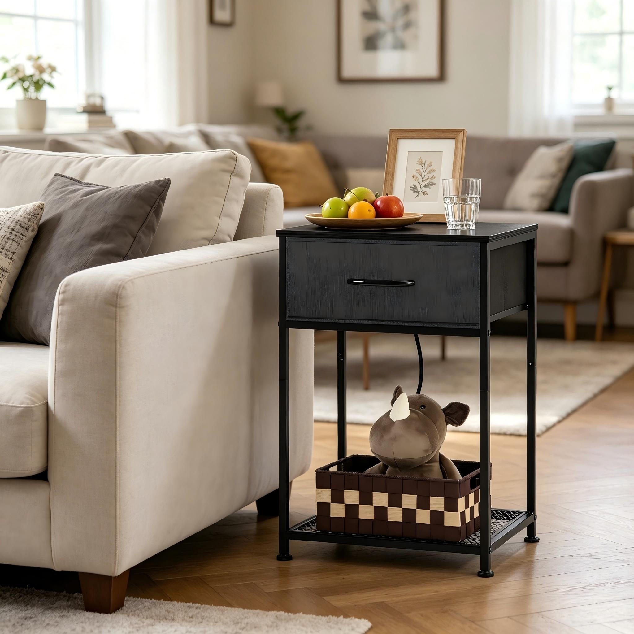 Black Nightstand with Charging Station, USB & AC Power Outlets, Fabric Drawer, Open Storage Shelf, Adjustable Legs – Multifunctional Bedside Cabinet for Bedroom, Living Room