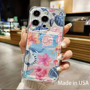Transparent fashionable cute ocean pattern card slot mobile phone case, suitable for iPhone 16 PRO Max/15PRO/14PRO MAX/13/12/11/Apple series, provides airbag protection, lens protection, can insert cards or photos, suitable for family and friends as gifts