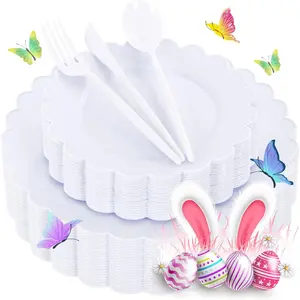 WONDERFUL 150 Pcs White Plastic Plates Disposable Heavy Duty Holiday Disposable Plastic Plates for Party Wedding Include 60 Pcs Plate Set 90 Pcs Cutlery Set Wedding Decor Holiday Easter Day