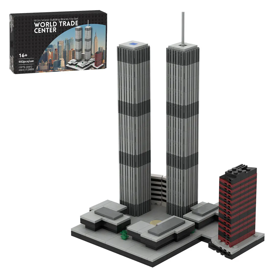 Razordon World Trade Center ABS Plastic Miniature Model Kit, 982 Pieces Building Blocks Toy, Stable 1:2000 Scale Collectible Architecture, 16.8x13.6x28.75cm 450g Construction Set, Gift for Building Fans