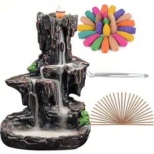 Backflow Waterfall Incense Burner Kit — Smoke Falls Effect (Burner + 120 Cones + 30 Sticks + Mat + Tweezer)