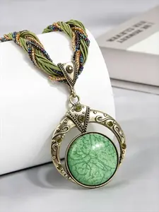 Boho Ethnic Hollow Out Round Pendant Handmade Beaded Necklace, Vintage Women's Casual Versatile Creative Party Vacation Necklace