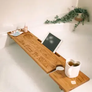 Personalized Hardwood Bathtub Tray - "It's Time To Relax" Design - Ideal Mother's Day Gift for Her - Includes Tablet/Phone Stand & Wine Glass Slot