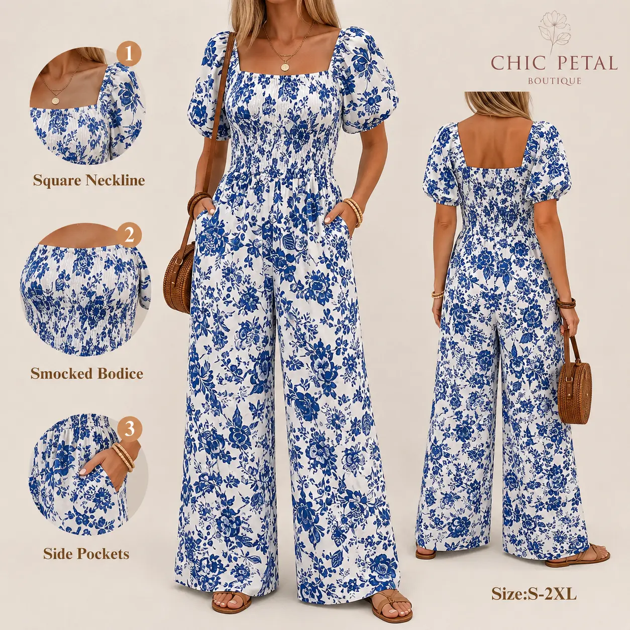 Women’s Blue Floral Jumpsuit, Square Neck Puff Sleeve Wide Leg One Piece Outfit with Pockets by Chic Petal Boutique