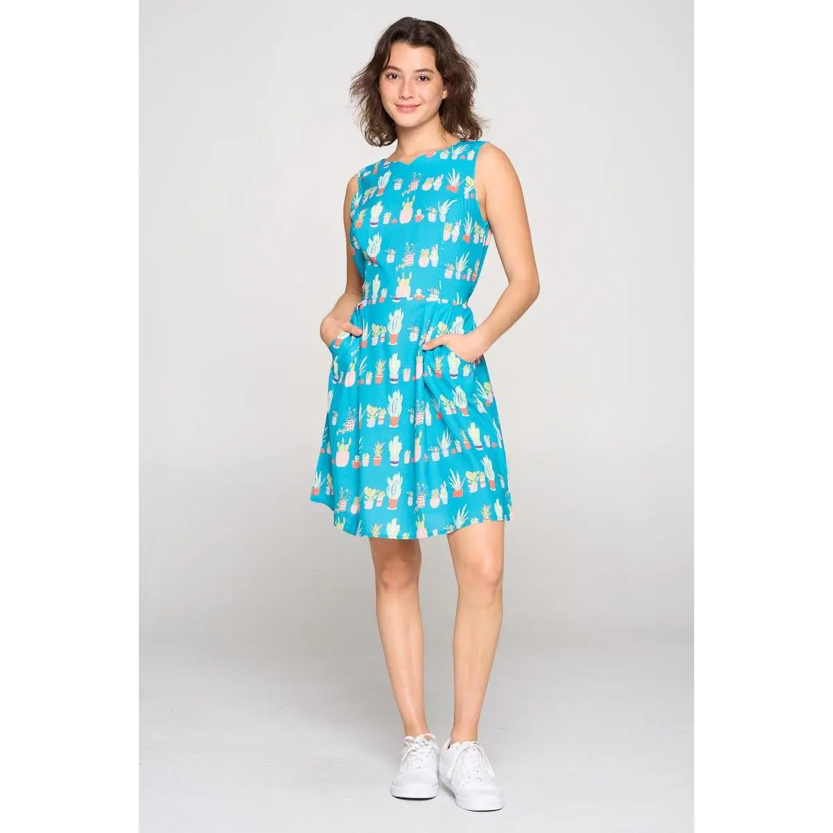 Cactus Print Dress Crew Neck