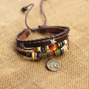 Twelve zodiac bracelets, leather wrist accessories, men's and women's shared leather rope bracelets, hip-hop trendy woven bracelets, bohemian style