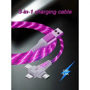 An LED glowing fast charging cable, featuring a durable braided construction. This 3-in-1 fast charging cable supports USB-C to Lightning/Type-C/Micro USB connections. It is compatible with Apple 16/15 series and Galaxy devices. Ideal for use in the offic