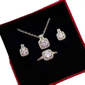 Fashion Jewelry Set Zircon Gem Pendant Chain Choker Necklace For Women Gold Color Stud Earring Statement Wedding Ring