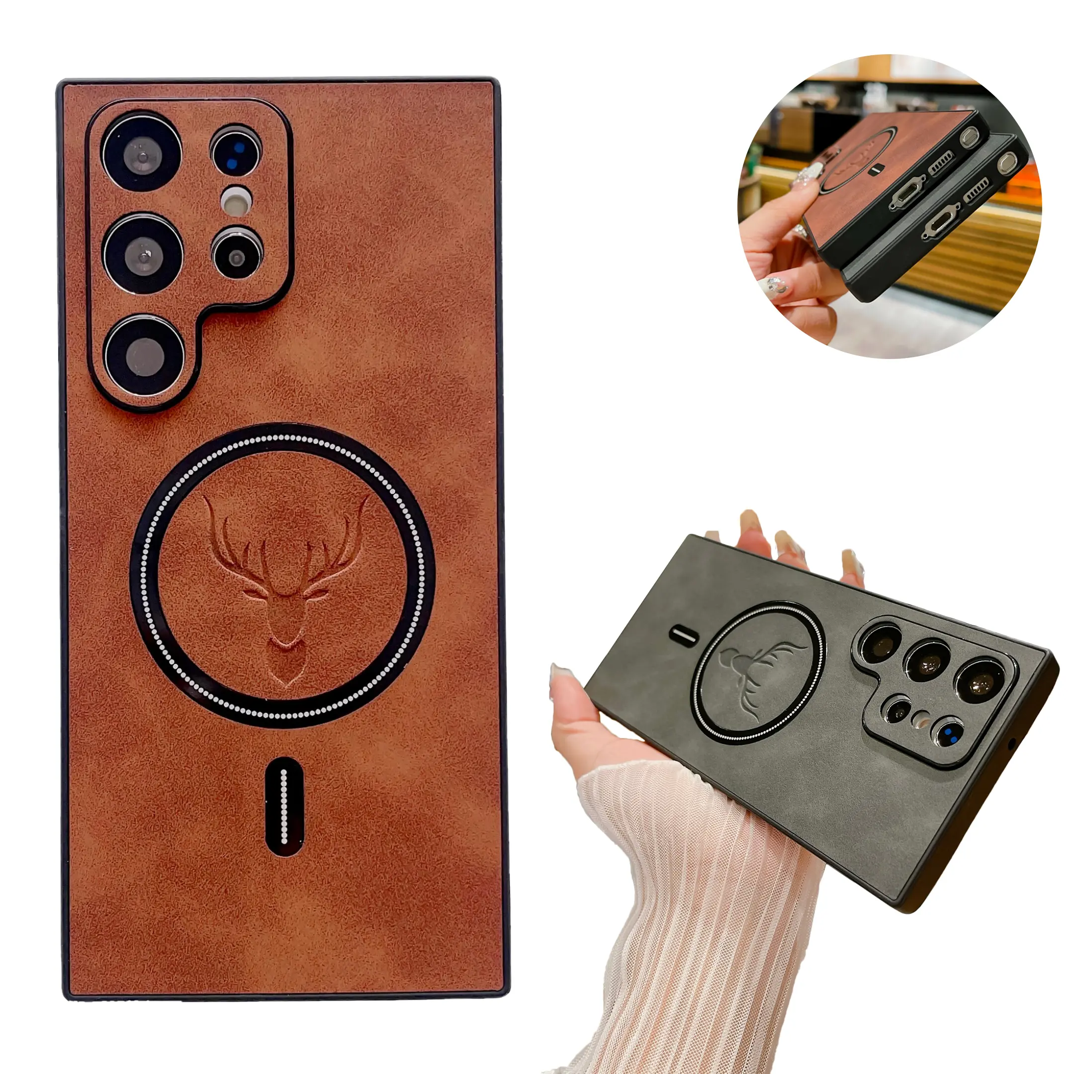 Magnetic Wireless Charging Leather Phone case for Samsung S25 Ultra S24 S23 S22 S21, Soft Shockproof case with Full Lens Protection