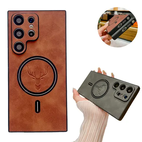 Magnetic Wireless Charging Leather Phone case for Samsung S25 Ultra S24 S23 S22 S21, Soft Shockproof case with Full Lens Protection