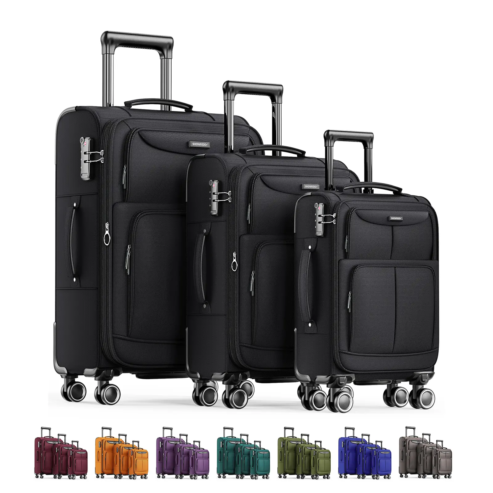 SHOWKOO 3-Piece Softside Luggage Set | Expandable Suitcases with TSA Lock, 360° Spinners (20"/24"/28") for Family Travel, Vacations & Business
