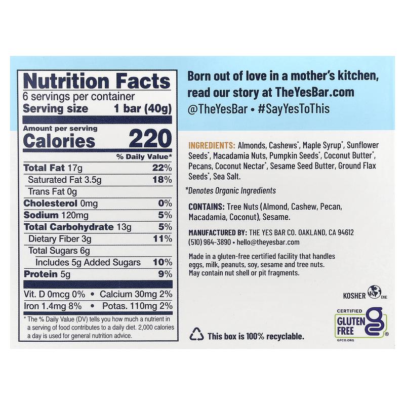 Yes Bar Snack Bars, Salted Maple Pecan, 6 Bars, 1.4 oz (40 g) Each