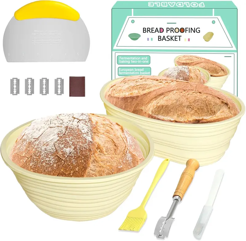 Silicone Banneton Bread Proofing Baskets 10" Oval Foldable Sourdough Starter Kit with Essential Tools for Complete Bread Making Bakeware Utensils