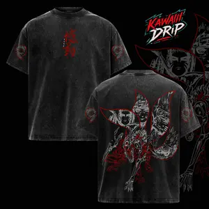 Naruto Kurama Sharingan T-Shirt – Vintage Washed Naruto Inspired Tee, Nine Tails Fox Anime Graphic Shirt, Oversized Soft Cotton Streetwear, Unisex Casual Apparel, Gift for Anime Fans
