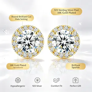 Round D Color Moissanite Halo Stud Earrings 18K Gold Plated S925 Sterling Silver allergy-free earring set Women Wedding Daily Wear