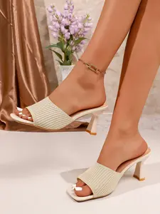 Beige Knit Square Toe Mule Heels | Comfortable Slip-on Block Heel Sandals High Heels Sandal for Summer Women