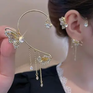 2PCS Women's Clip-On Earrings Hook Without Pierced Rose Flower Ear Bone Clip Ear Clip Butterfly