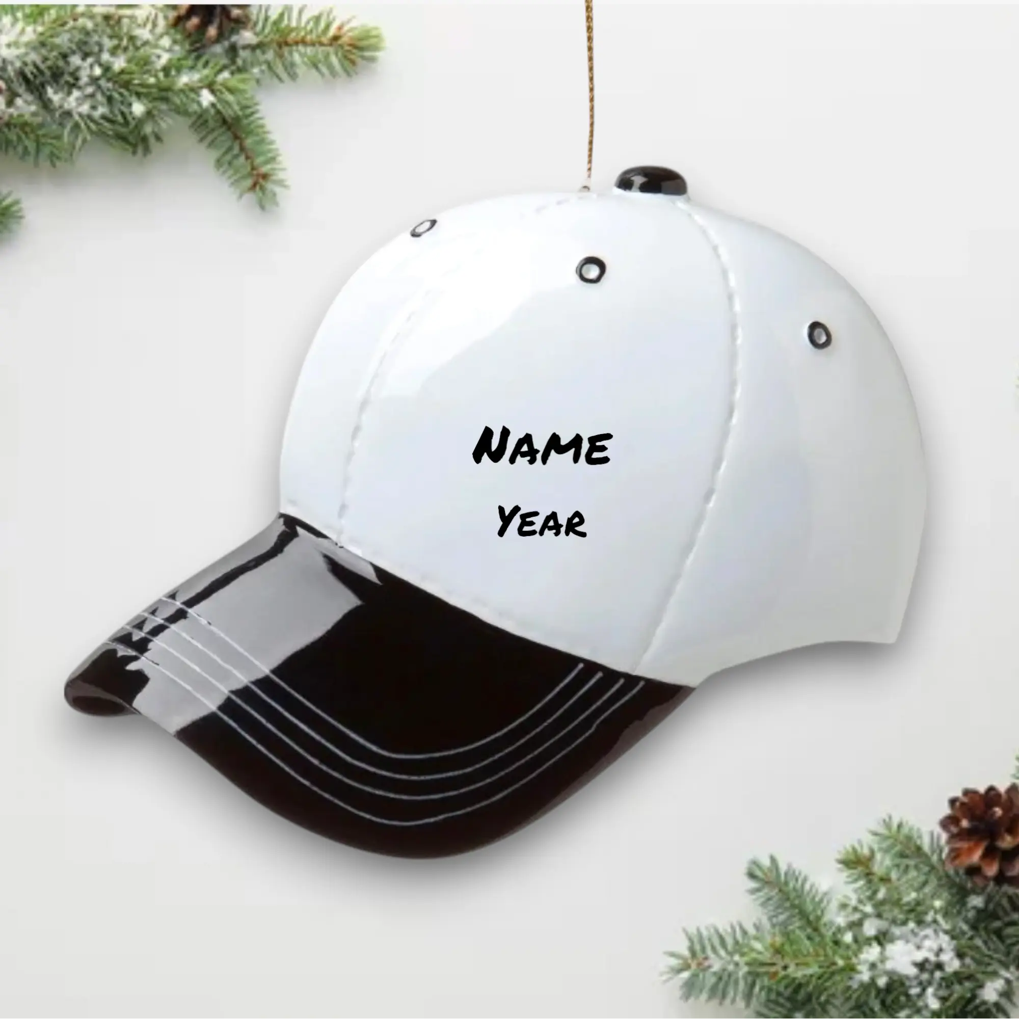Personalized Baseball Hat Ornament – Custom Black Cap with Name & Year – Sports Fan Holiday Gift Noel Box