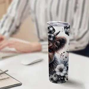 20oz Highland Cow & Floral Stainless Steel Double Wall Insulated Thermal Flask Travel Mug with Lid and Straw, Perfect Gift for Office, Outdoor, Camping, Tumbler, Bottles, Portable Drinkware, Reusable