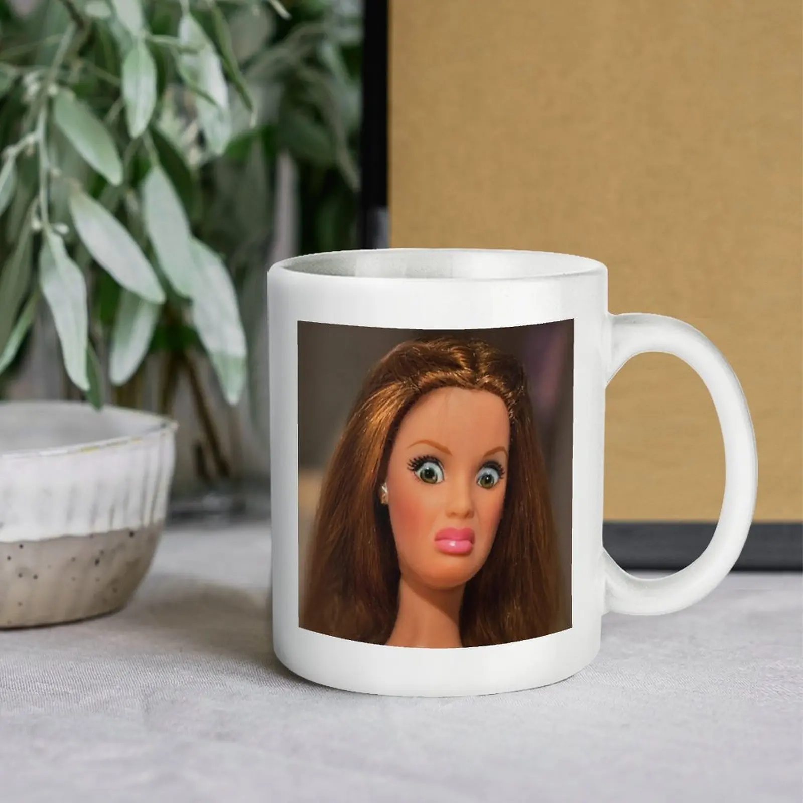 Ceramic Doll Face Mug with Handle - Funny Kawaii Style Drinkware, Unique Coffee Cup, Porcelain Kitchenware Gift Idea for Home Office