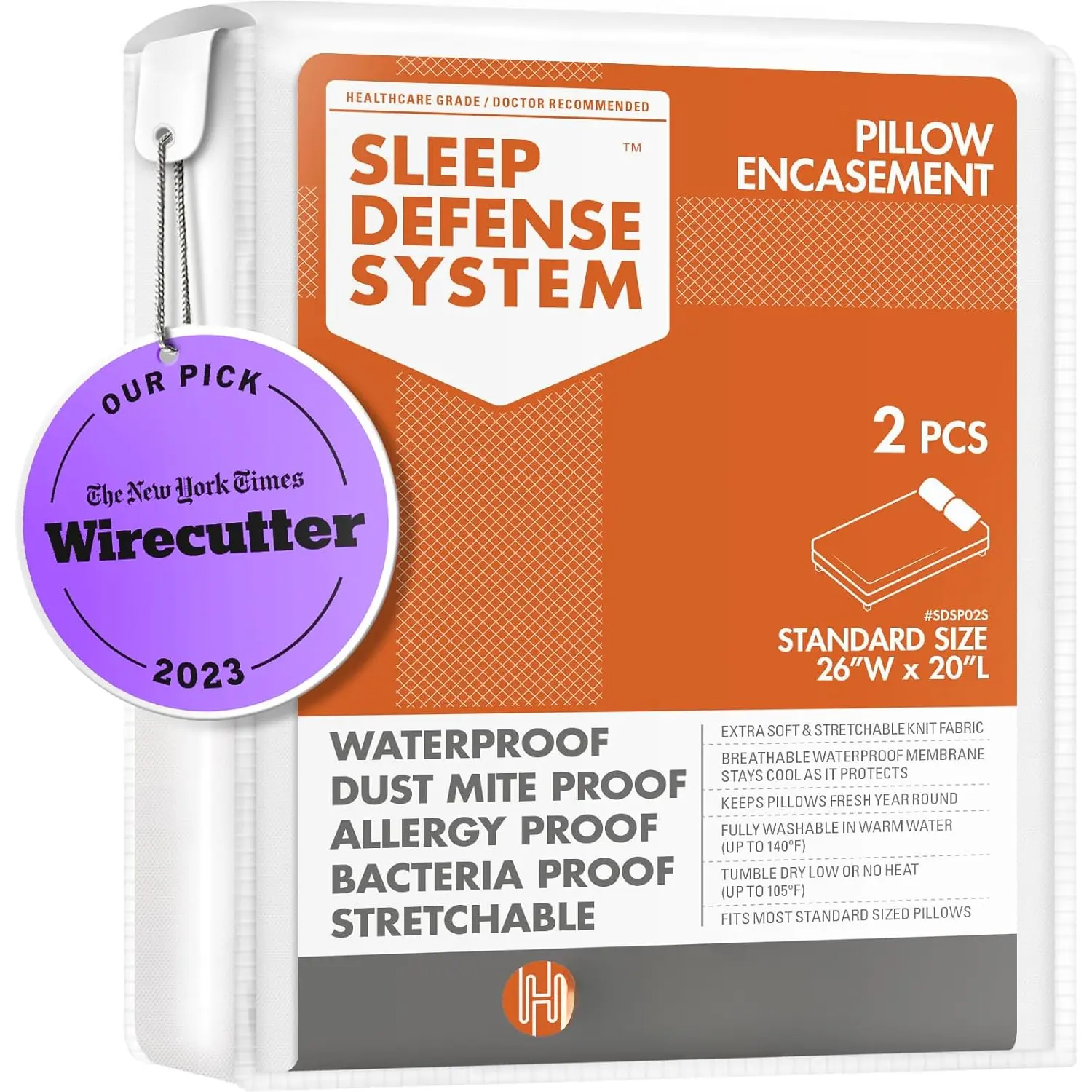 Pillow Encasement- Zippered Bed  Dust Mite Proof  - Sleep  System - Standard -  - Set of 2 - 20" H x 26" W