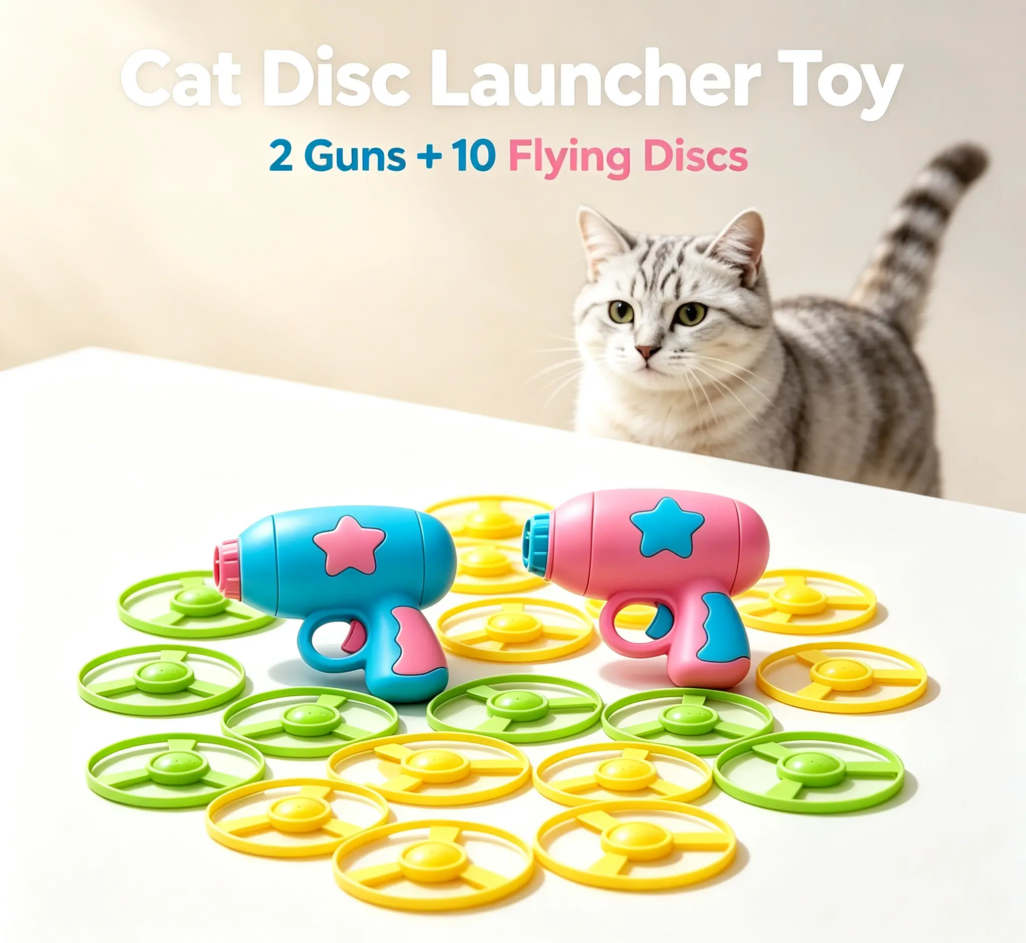 Cat Flying Disc Launcher Toy Set - 2 Interactive Cat Fetch Guns, 10 Spinning Saucers (5 Green + 5 Yellow) for Indoor Outdoor Exercise, Kitty Chasing Pet Toy