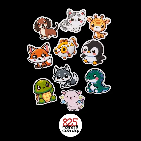Kawaii Animal Bundle - Cute Vinyl Stickers or Magnets for All Ages - Turtle, Fox, Penguin, Dino, Goldfish, Wolf Pup, Cat, Giraffe, Dachshund, Axolotl