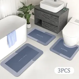 3PCS Bathroom Rug Set, Modern Simple Style U-Shape & Square Diatomite Absorbent Dry Mats, Non-Slip Rubber Back, Quick-Dry Geometric Design, Ideal for Toilet Home Decoration, Three Pieces,summervibes