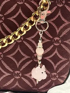 Rose Quartz & glass pig beaded silver-tone wire wrapped keychain/purse charm