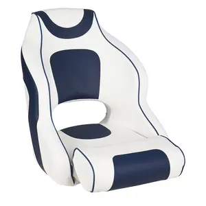 Ergonomic High Back Pontoon Boat Captain Bucket Seat – UV-Resistant Vinyl, High-Density Foam Cushion, Easy Installation, Ideal for Fishing & Boating – White/Blue Piping