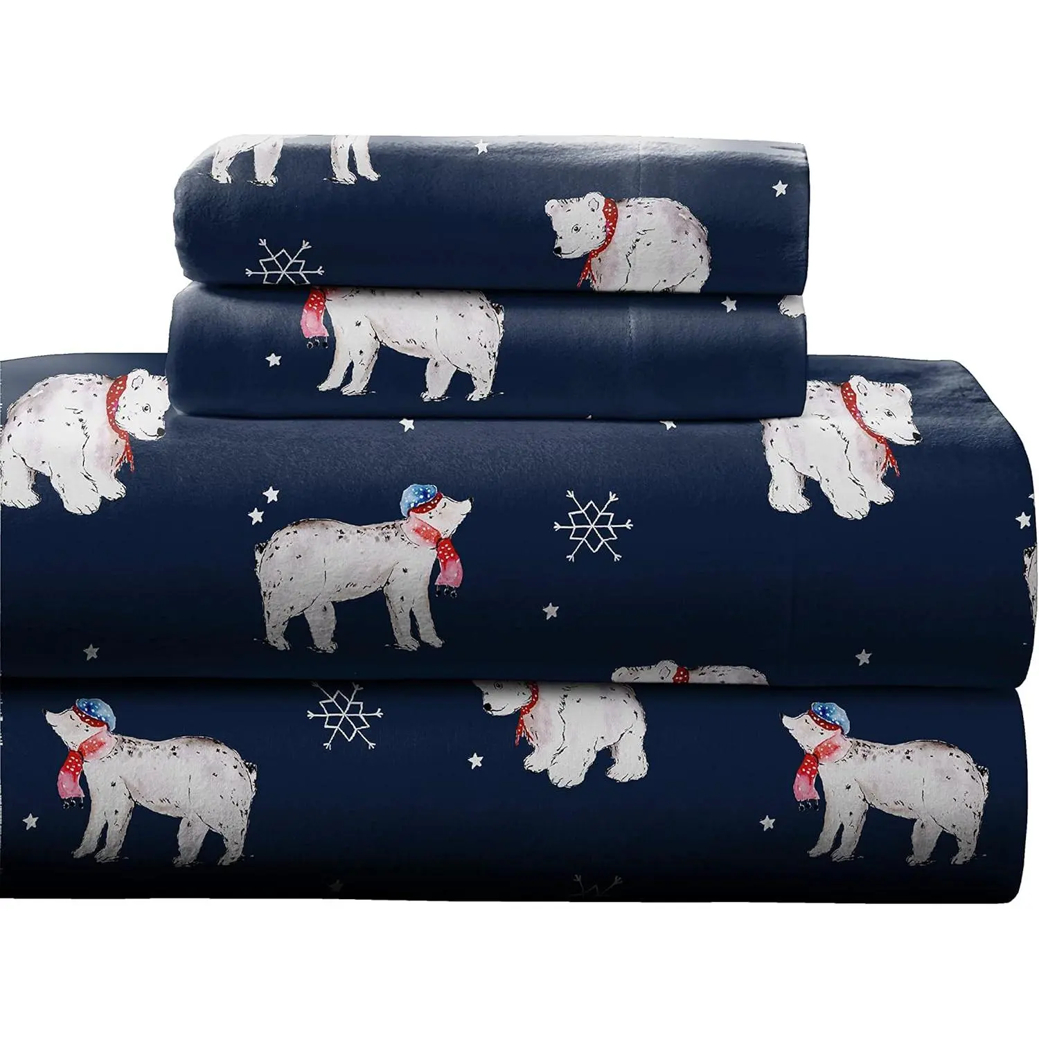 Twin XL 100% Cotton Flannel Sheet Set - 180 GSM, Abstract Snow Bear Design, Double Brushed Finish, Breathable, Warm, Pre-Shrunk, Extra Deep Pockets, Elasticized Edges, European Closure, Machine Washable