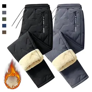 Men’s winter fleece thermal cotton pants, American casual outdoor style, thickened stitched windproof fabric, fleece lining locks warmth for long-lasting comfort, adjustable drawstring elastic waistband, practical zippered side pockets, relaxed fit that s