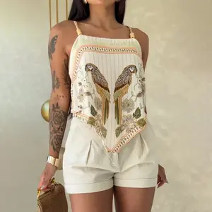 ChicMe Women's Tropical Animal & Plants Print Square Neck Adjustable Spaghetti Straps Top Sexy Backless Tie Back Asymmetrical Hem Cami Top