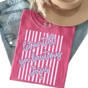 Comfort Colors Let Me Tell You About my Jesus Easter Spring Christian Shirt, Stripes Coquette Bow Christian Printable