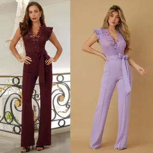 LACE AND CROCHET TOP DETAILED FASHION JUMPSUIT - FLARE CAP SLEEVE, BELT DETAIL