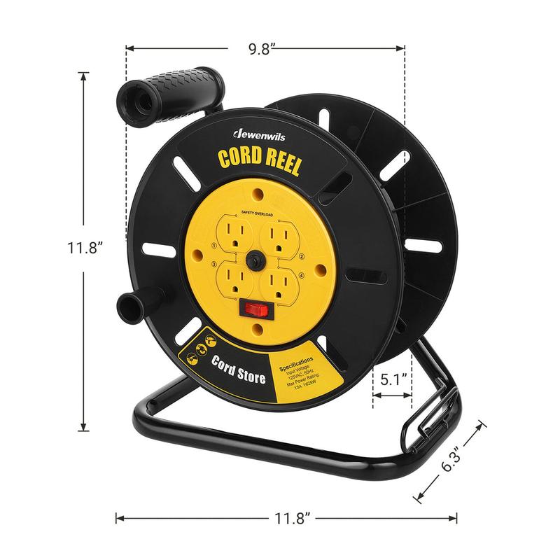 DEWENWILS Extension Cord Storage Reel ( without cord ), for 12/3,14/3,16/3 Gauge Power Cord, Hand Wind Retractable, 13A Circuit Breaker-HCRB00E