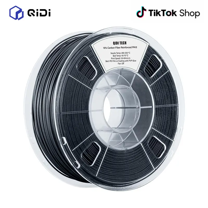 QIDI TECH PA12-CF Nylon 3D Printer Filament, Black 1.75mm 1Kg Spool, High Strength, Excellent Mechanical Properties, High Precision, Dimensional Stability, Low Moisture Sensitivity, No Warpage