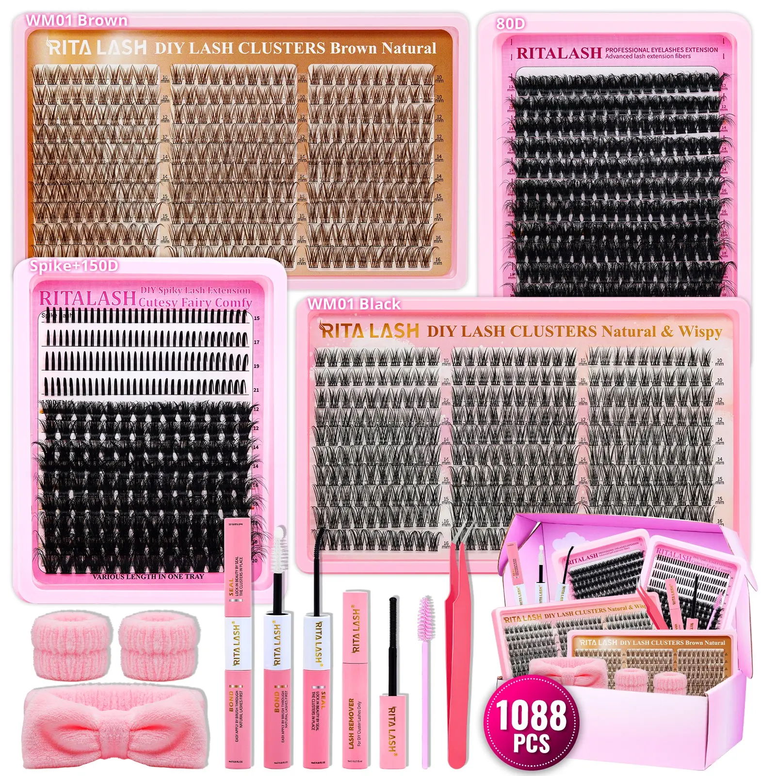 RITALASH 1088PCS D Curl Cluster Lash Kit, Eyelash Clusters, Eyelash Extension Kit, DIY Individual Eyelashes Black Lashes Anime False Eyelashes Kit DIY at Home with Bond and Seal Tweezer Cluster Lash Remover and Lash Brush, DIY Lash Set