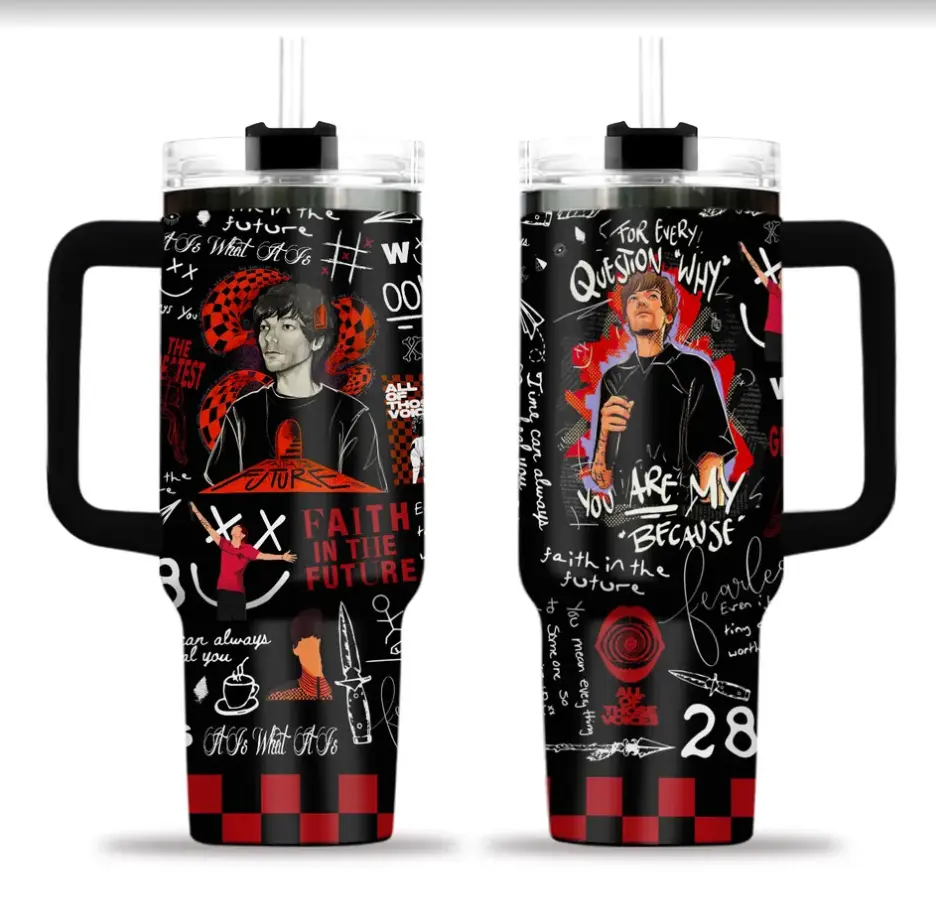 [Louis'ss Tomlinson'ss, One Direction & Pop Music Culture] 40oz Insulated Tumbler with Handle Straw, Stainless Travel Mug - Gift for Directioners Fans