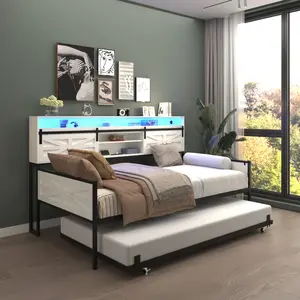 Twin Daybed with Trundle, Farmhouse Daybed Frame with Sliding Barn Door Headboard, Charging Station & LED Lights, Convertible to 2 Twin Beds or Sofa, White