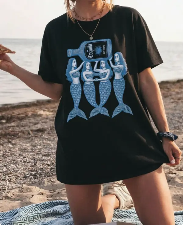 Vintage Mermaid Tequila Bottle Graphic T-Shirt Women Summer Beach Oversized 100% Cotton Black Short Sleeve Tee