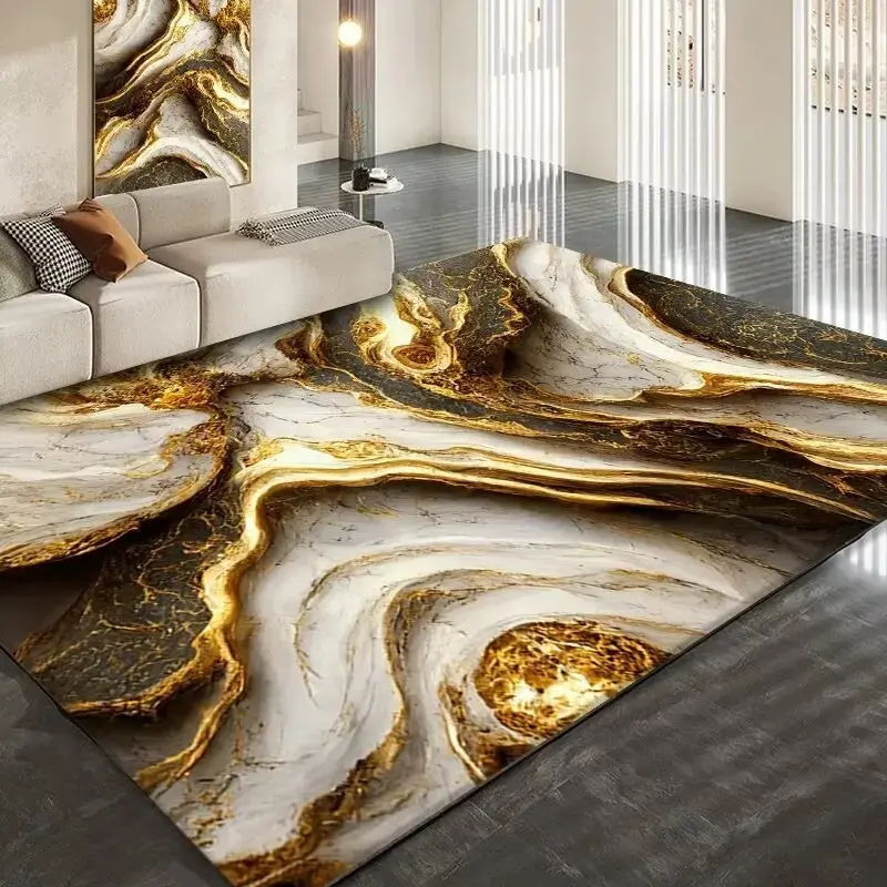 Black White Gold Fluid Marble Flannel Area Rug, Decorative Rug - Modern Abstract Agate Vein Print Soft Mat for Living Room, Home Decor Rugs, Non-Slip Home Decor