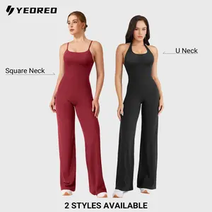YEOREO Women's Wide Leg Sleeveless Yoga Jumpsuit Romper with Adjustable Fit & Hidden Scrunch for Glute Support Greenish